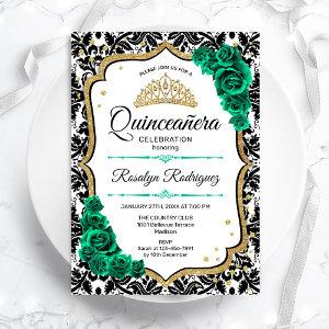 Emerald Green Gold Elegant Damask Quinceanera