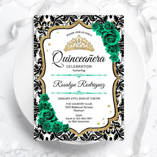 Emerald Green Gold Elegant Damask Quinceanera