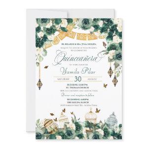Emerald Green Gold Floral Butterflies Quinceanera