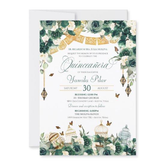Emerald Green Gold Floral Butterflies Quinceanera