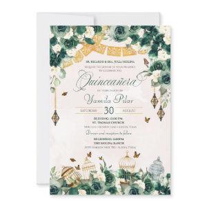 Emerald Green Gold Floral Butterflies Quinceanera