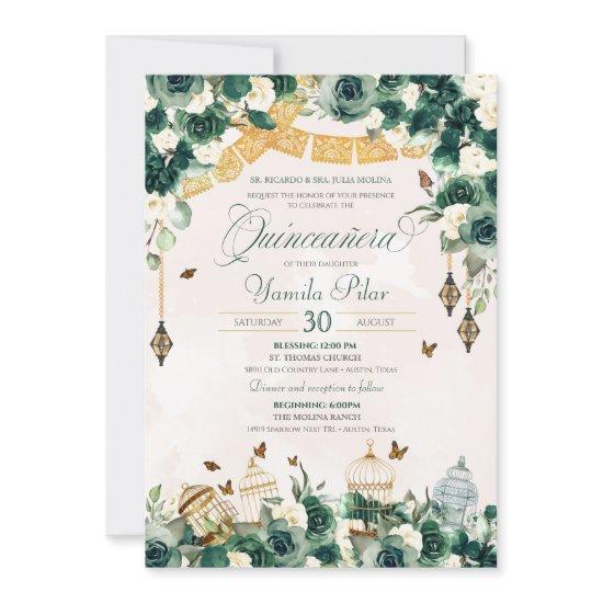 Emerald Green Gold Floral Butterflies Quinceanera