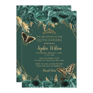 Emerald Green Gold Floral Butterfly Quinceañera
