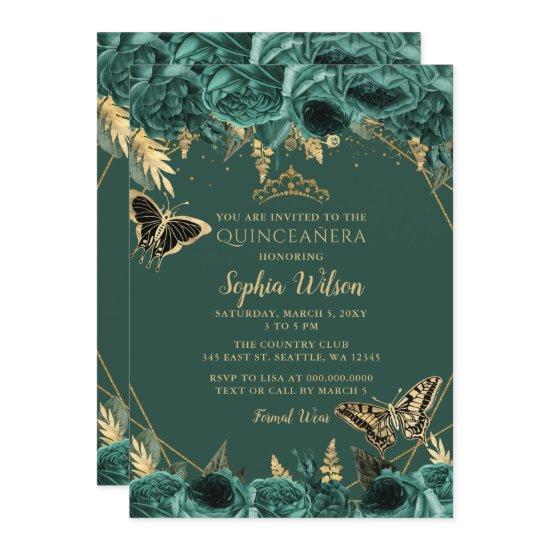 Emerald Green Gold Floral Butterfly Quinceañera