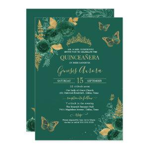 Emerald Green & Gold Floral Butterfly Quinceañera