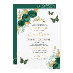 Emerald Green & Gold Floral Butterfly Quinceañera