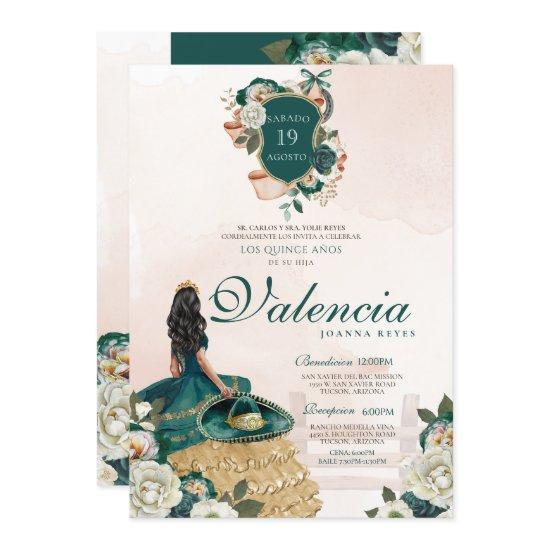 Emerald Green Gold Floral Crest Charro Quinceanera