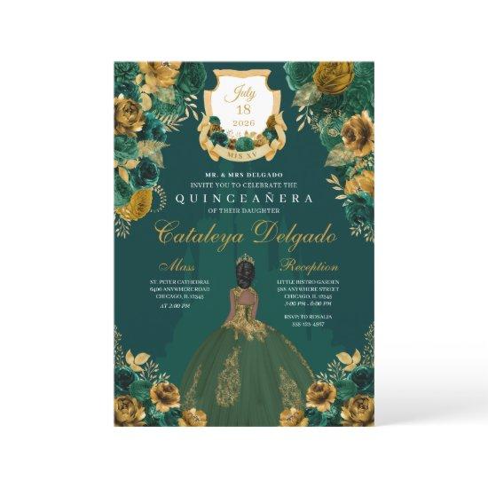 Emerald Green & Gold Floral Elegant Quinceañera