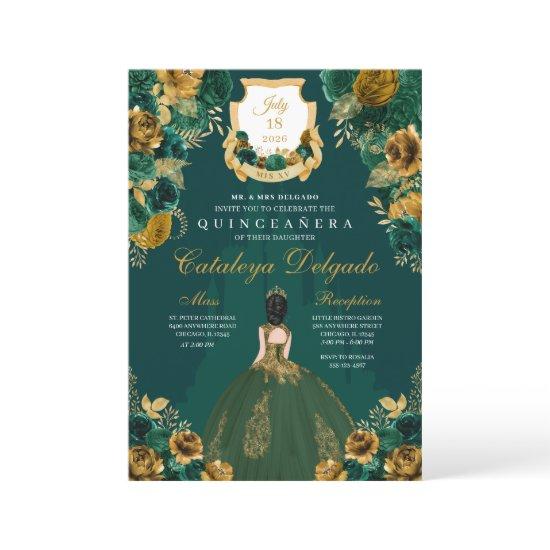 Emerald Green & Gold Floral Elegant Quinceañera