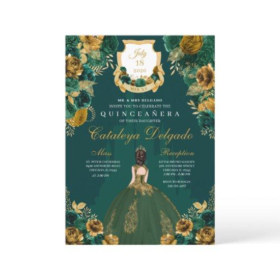 Emerald Green & Gold Floral Elegant Quinceañera