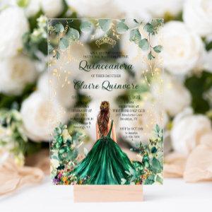 Emerald Green Gold Floral Princess Quinceanera Acrylic