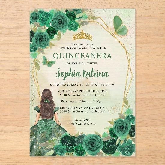 Emerald Green Gold Floral Princess Quinceañera Acrylic