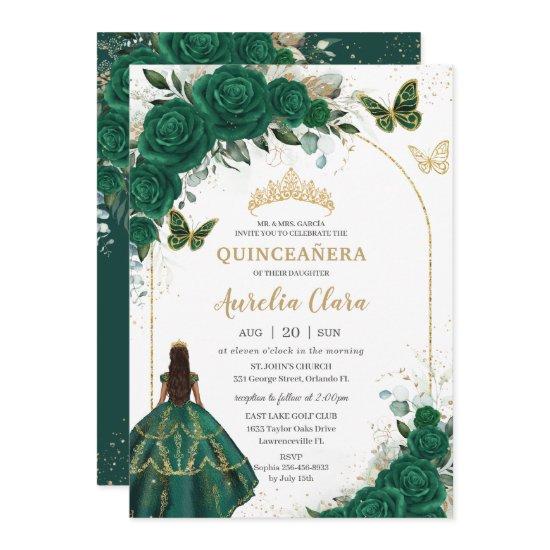 Emerald Green Gold Floral Princess Quinceañera