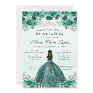 Emerald Green Gold Floral Princess Quinceañera