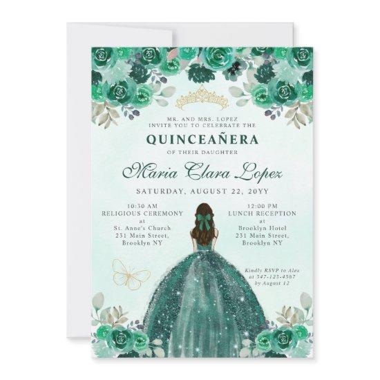 Emerald Green Gold Floral Princess Quinceañera