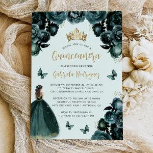 Emerald Green Gold Floral Princess Quinceañera