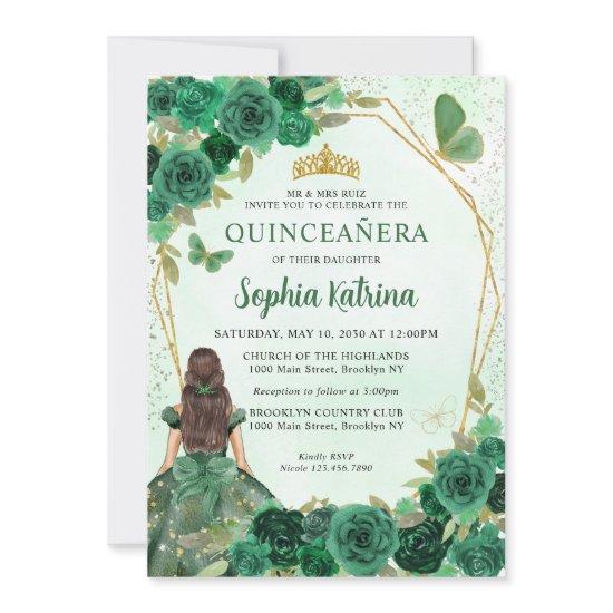 Emerald Green Gold Floral Princess Quinceañera