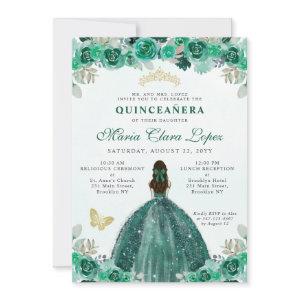 Emerald Green Gold Floral Princess Quinceañera