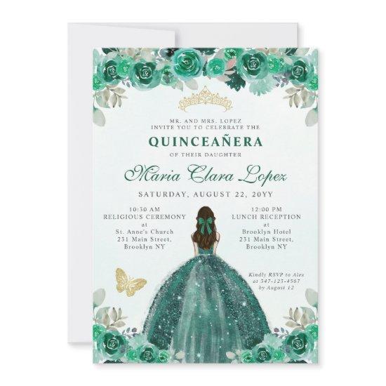Emerald Green Gold Floral Princess Quinceañera