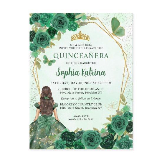 Emerald Green Gold Floral Princess Quinceañera  Postcard