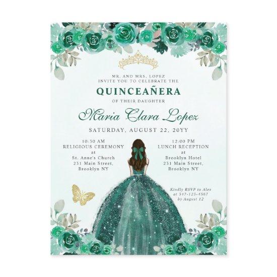 Emerald Green Gold Floral Princess Quinceañera Postcard