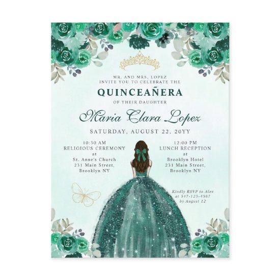 Emerald Green Gold Floral Princess Quinceañera Postcard