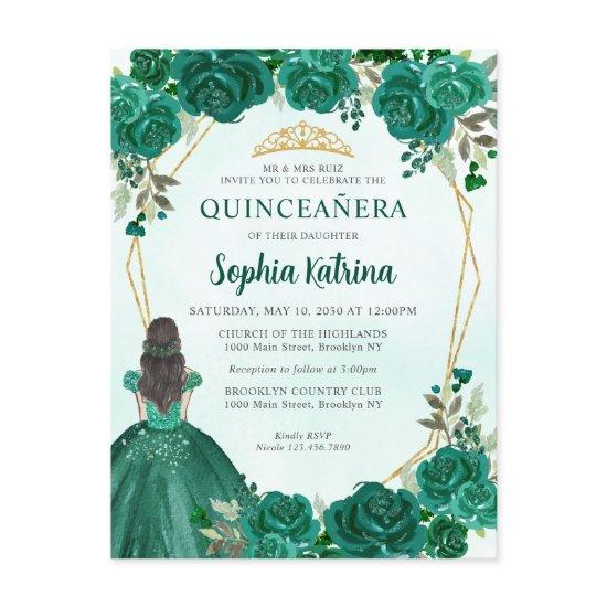 Emerald Green Gold Floral Princess Quinceañera Postcard