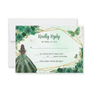 Emerald Green Gold Floral Princess Quinceañera RSVP Card