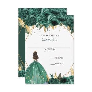Emerald Green Gold Floral Princess Quinceanera RSVP Card
