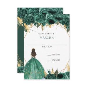 Emerald Green Gold Floral Princess Quinceanera RSVP Card