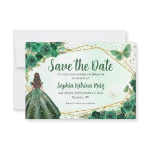 Emerald Green Gold Floral Princess Quinceañera Save The Date