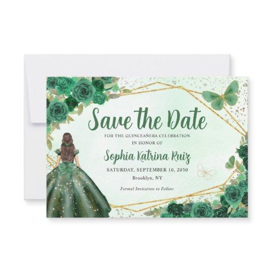 Emerald Green Gold Floral Princess Quinceañera Save The Date