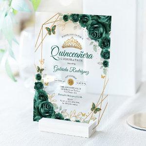 Emerald Green Gold Floral Quinceanera Acrylic