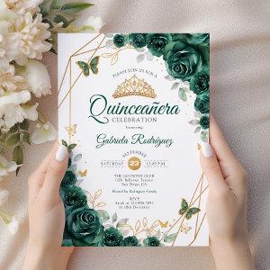 Emerald Green Gold Floral Quinceanera