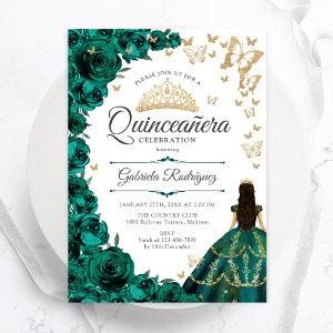 Emerald Green Gold Floral Quinceanera
