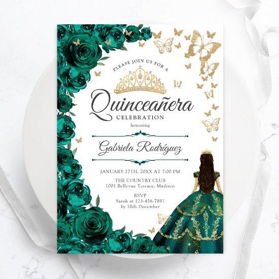 Emerald Green Gold Floral Quinceanera