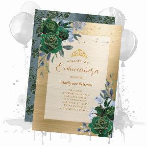 Emerald Green Gold Floral Quinceañera