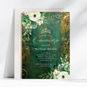 Emerald Green Gold Floral Quinceañera