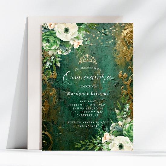 Emerald Green Gold Floral Quinceañera