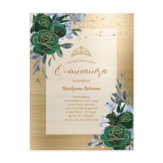 Emerald Green Gold Floral Quinceañera Postcard