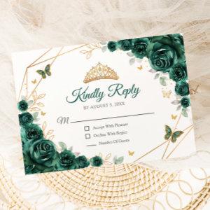 Emerald Green Gold Floral Quinceanera Reply RSVP Card