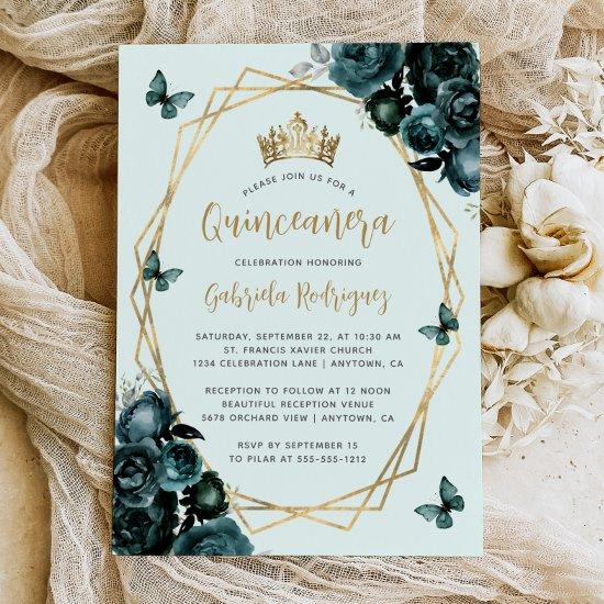 Emerald Green Gold Geometric Floral Quinceañera