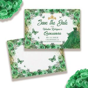 Emerald Green Gold Glitter Floral Quinceanera Save The Date