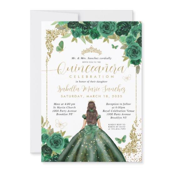 Emerald Green Gold Princess Floral Quinceañera