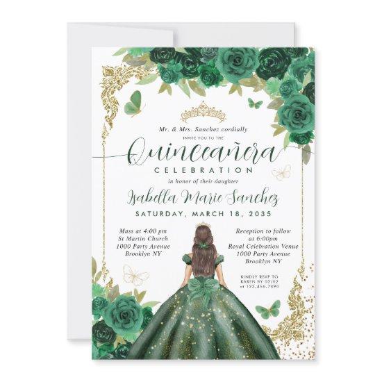 Emerald Green Gold Princess Floral Quinceañera