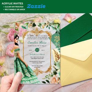 Emerald Green Gold Quinceanera Dress Flowers Acrylic