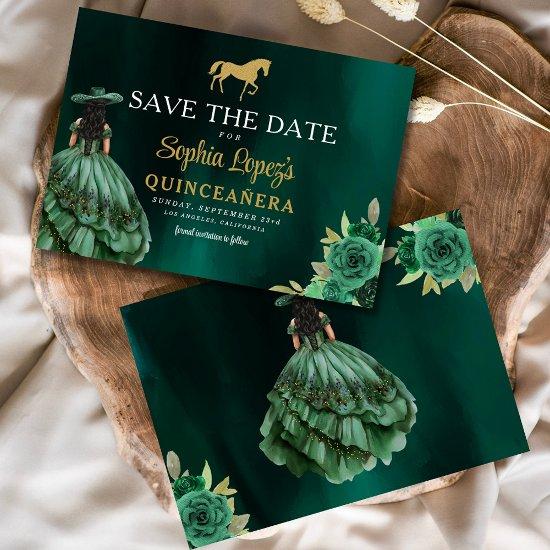 Emerald Green Gold Quinceanera Save The Date