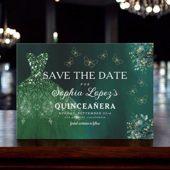 Emerald Green Gold Quinceanera Save The Date