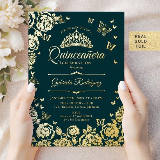 Emerald Green Gold Roses Butterflies Quinceanera Foil