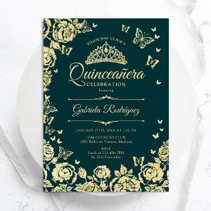Emerald Green Gold Roses Butterflies Quinceanera